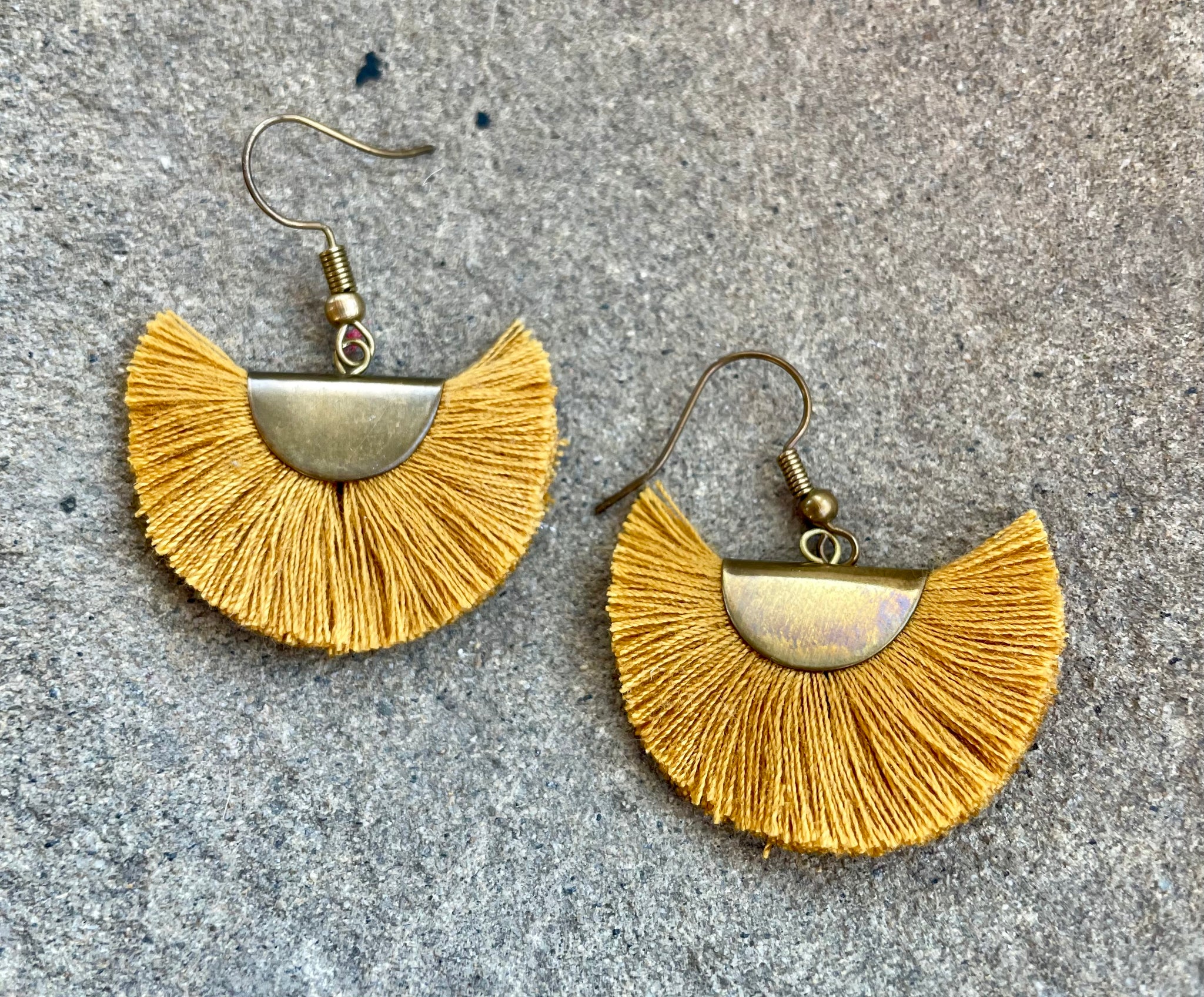 thread fan earrings mustard