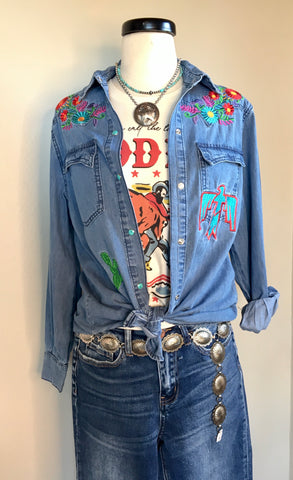 denim embroidered shirt turquoise snaps