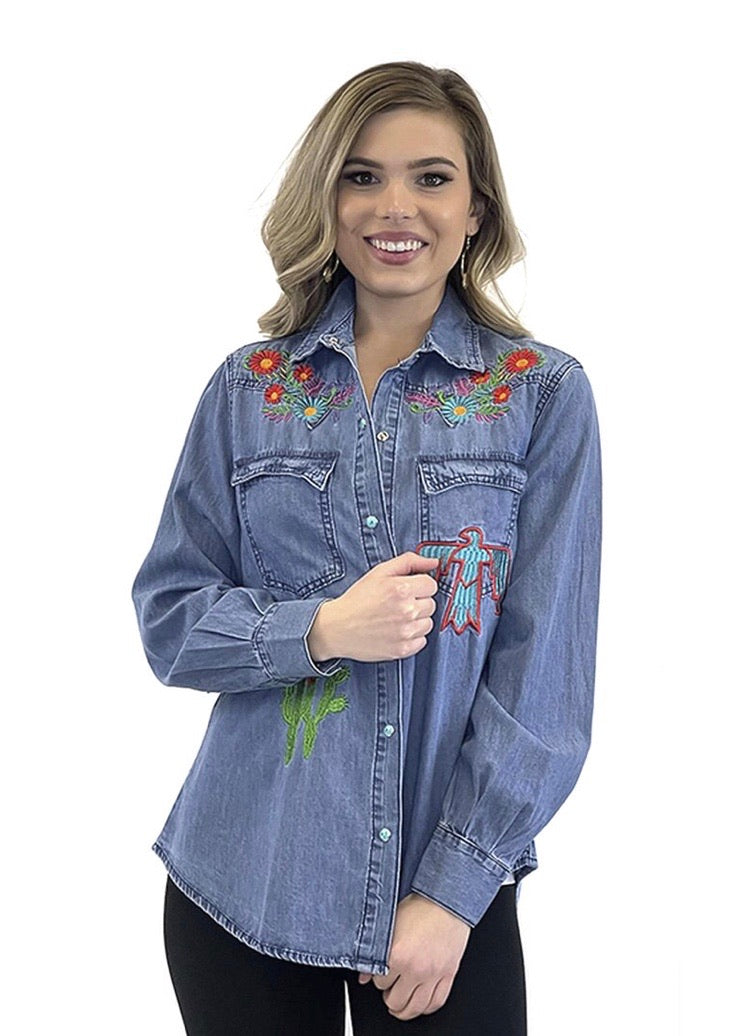 denim embroidered shirt turquoise snaps m
