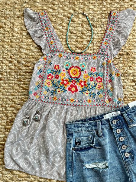 gracie gray floral embroidered blouse