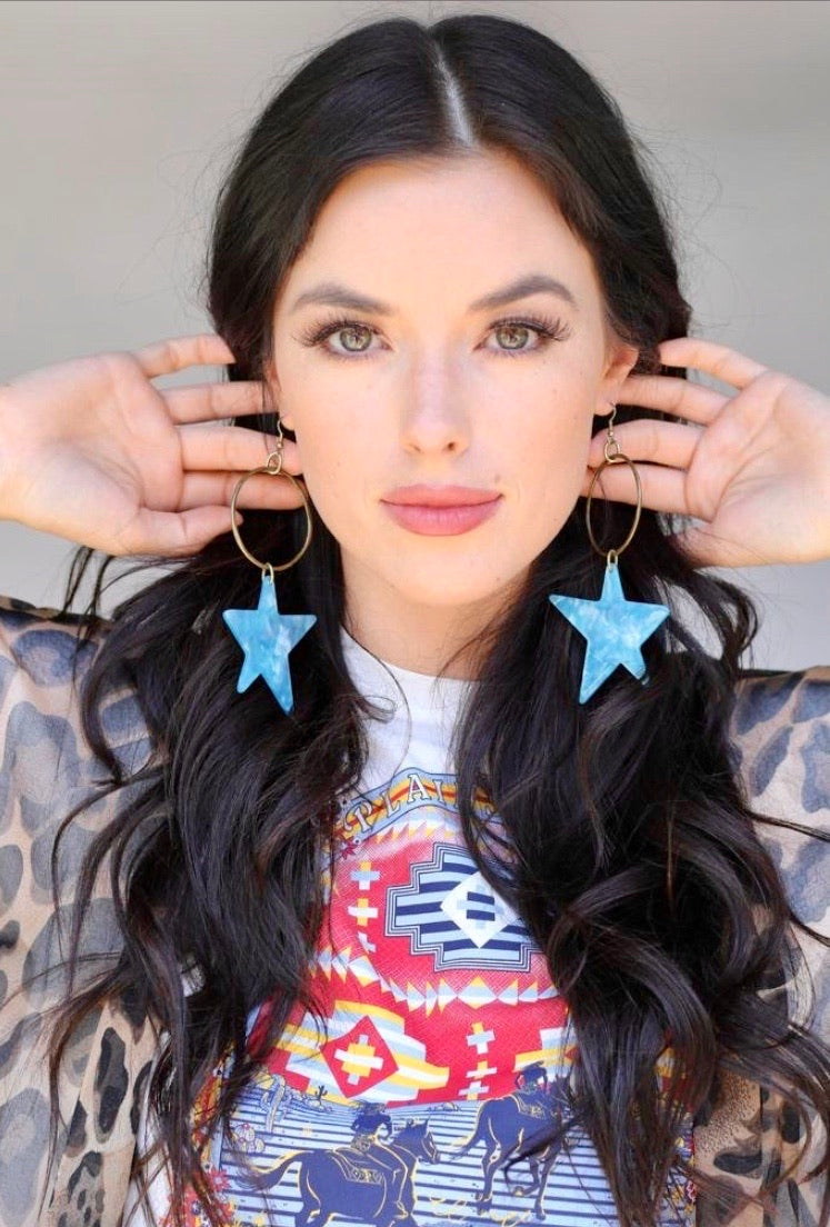 acrylic star earrings blue with antique gold
