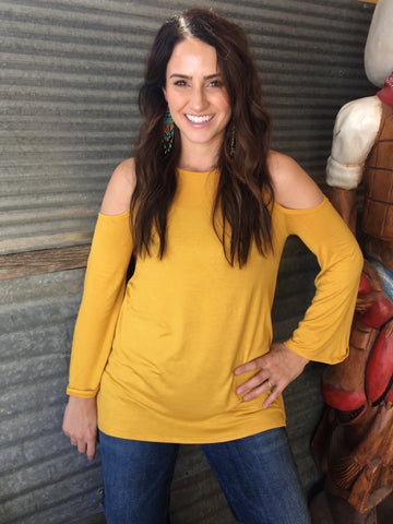 mustard cold shoulder top